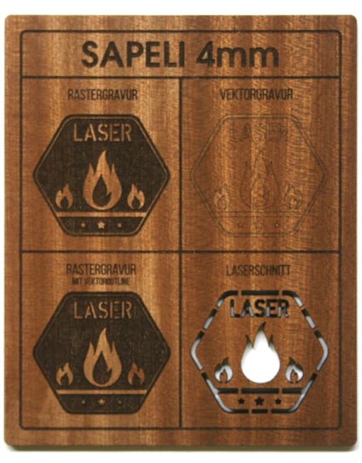 Sapeli Holz bearbeitet mit Lasergravur und Laserschnitt