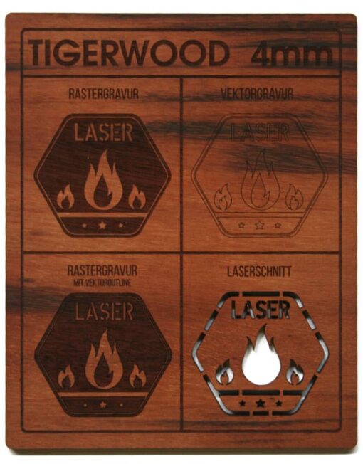 Tigerwood Holz bearbeitet mit Lasergravur und Laserschnitt